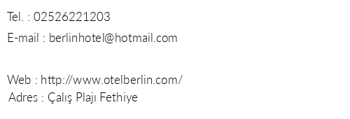 Hotel Berlin Fethiye telefon numaralar, faks, e-mail, posta adresi ve iletiim bilgileri